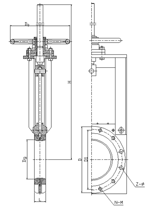 手動對夾式礦漿刀閘閥結構示意圖